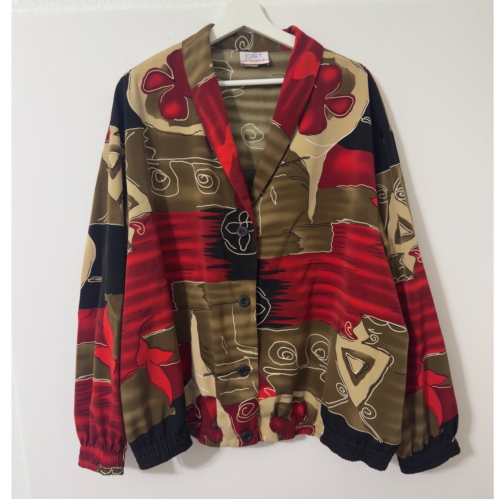 C.S.T. Studio Abstract Floral Jacket Womens Large Red Olive Button Front